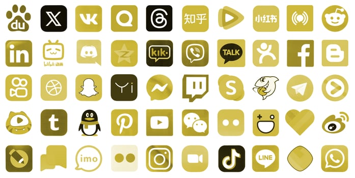KYIV, UKRAINE - APRIL 1, 2024 Many icons of social media, messengers, sharing platforms photo