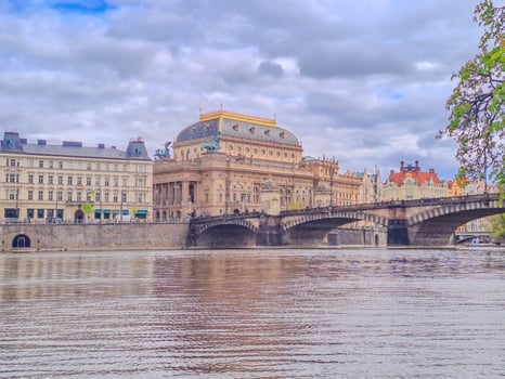 View from the Vltava River on Prague National Theater. Street in the old center photo