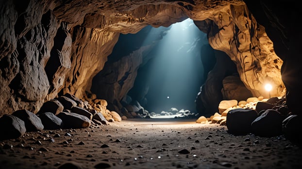 a cave with a light shining through it photo