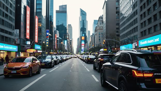 a city street with cars and pedestrians photo