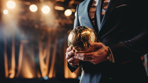 A man is holding a gold soccer ball in his hand photo