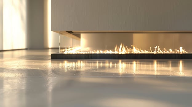 The minimalist design of the modern fireplace with its transparent glass surround creates a sleek and sophisticated ambiance. 2d flat cartoon photo
