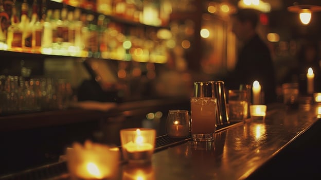 Bartenders expertly mix tails behind the bar their movements illuminated by the warm glow of the candles. 2d flat cartoon photo