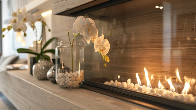The contemporary fireplace emits a comforting glow inviting guests to unwind and recharge. 2d flat cartoon photo