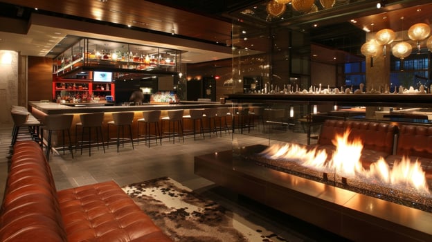 The modern fireplaces sleek glass enclosure allows guests to enjoy the fire while still feeling connected to the rest of the bar. 2d flat cartoon photo
