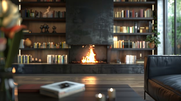 The sleek and modern design of the fireplace is juxtaposed against the traditional bookshelves creating a unique and inviting space. 2d flat cartoon photo
