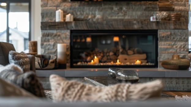 The simplicity of the hearth rooms design with its clean lines and natural materials exudes a sense of calm and serenity. 2d flat cartoon photo