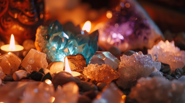 The flickering flames illuminate a collection of crystals and geodes amplifying the positive energy in the room. 2d flat cartoon photo
