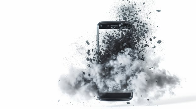 Mental health in social media era shown by a cracked smartphone screen emitting dark clouds, isolated on white background photo