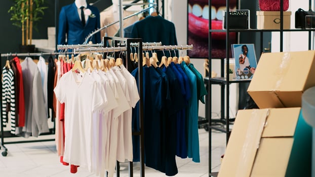 Empty shopping centre with casual and formal wear items, retail shop with stylish merchandise on hangers and racks. Clothing store inside with nobody in it, fashionable clothes and accessories. photo