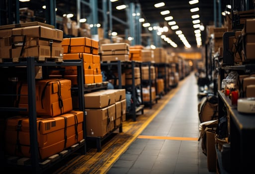 Boxes and suitcases on shelves in warehouse photo