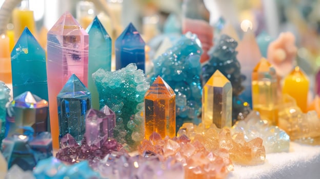A table full of colorful crystals and gemstones. The colors are vibrant and the stones are of various shapes and sizes. The table is a display of natural beauty photo