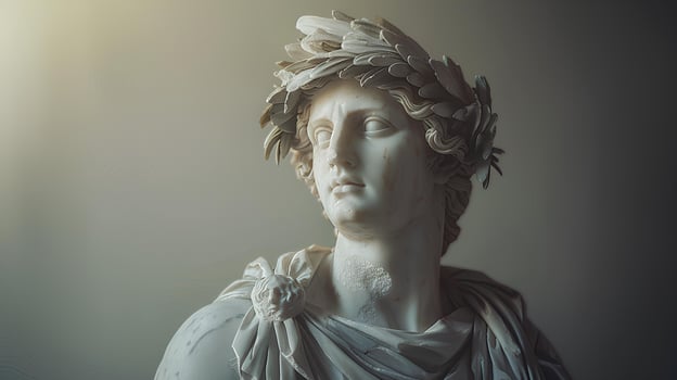 Ancient Greek statue of an ancient Roman senator in marble. Ancient roman Emperor statue in stone isolated on simple background. Ancient Greek architecture photo