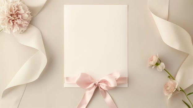 A wedding invitation with flowers and ribbon on a beige background. photo