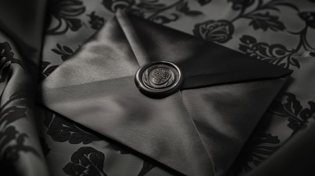 A luxurious black envelope lying on a richly textured satin cloth background. photo