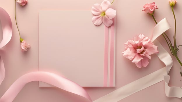 A wedding invitation with flowers and ribbon on a pink background. photo