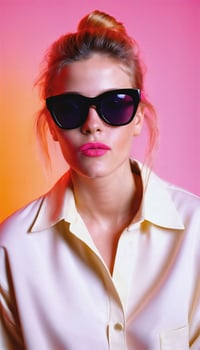 photo of beautiful woman with blonde hair and style sunglasses standing against pink background,