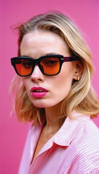 photo of beautiful woman with blonde hair and style sunglasses standing against pink background,