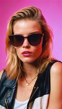 photo of beautiful woman with blonde hair and style sunglasses standing against pink background,