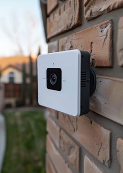 Ring security camera is mounted on the outside of brick home. photo