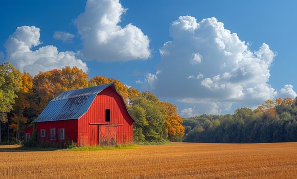 Red barn sits in field with trees and blue sky in the background. photo