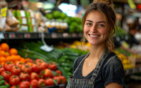Young woman is working at local farmers market and is posing for portrait photo