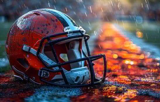 American football helmet laying on the ground in the rain photo