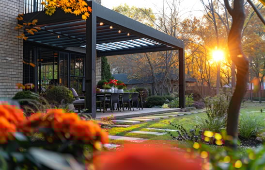 Beautiful autumn sunset seen through the patio doors of modern home. photo