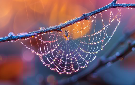 Spider web with dew drops on colorful background photo