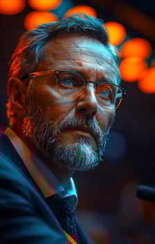 Close-up portrait of mature businessman wearing eyeglasses and suit and looking away. photo
