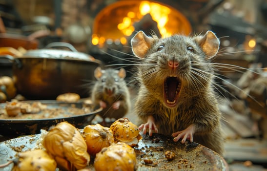 Two young rats are sitting near the old kitchen table with food and looking at the camera. photo