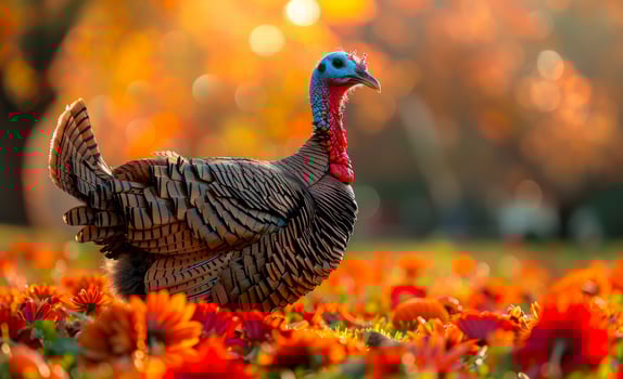 Wild turkey walking in the grass with fall colors photo