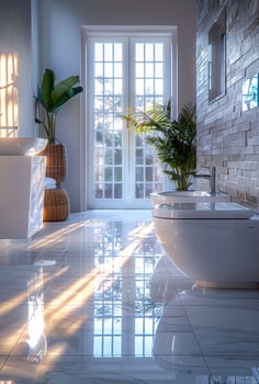 Modern white bathroom interior with freestanding tub double sink and potted plant photo