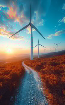 Wind turbines and dirt road at sunset. Windmills, turbines generating electricity, green energy photo