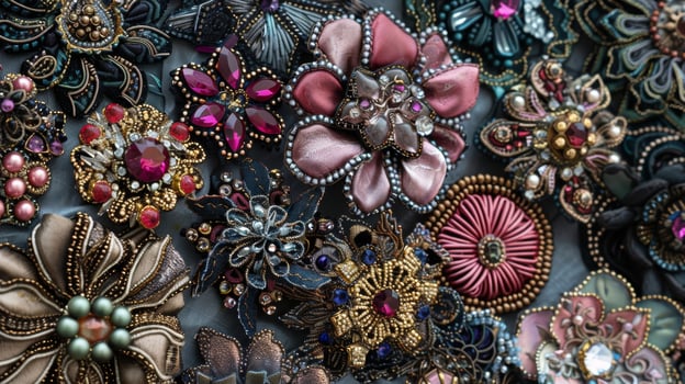 A collection of handcrafted brooches each one individually designed and made with a variety of materials such as crystals beads and fabric photo