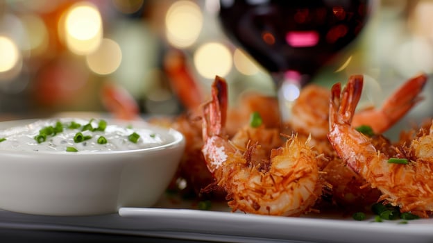 Indulgent coconut shrimp served with a y dip along with a glass of velvety smooth malbec photo