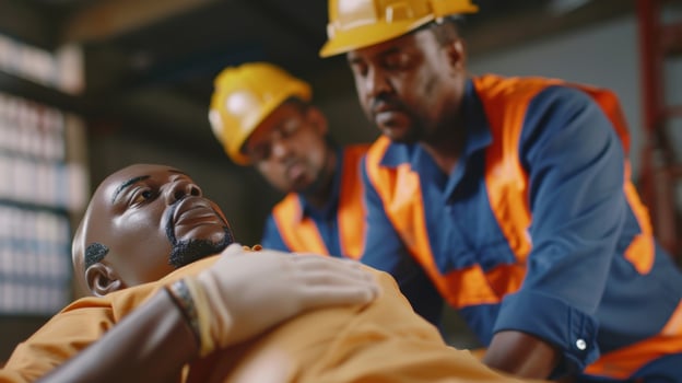 One worker uses a CPR dummy while another worker stands behind guiding and correcting their technique during first aid training photo