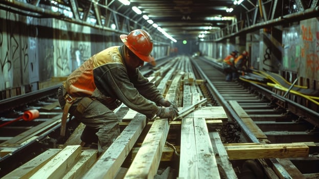 A carpenter measuring and sawing wood to build the framework for the stations walls and ceiling photo