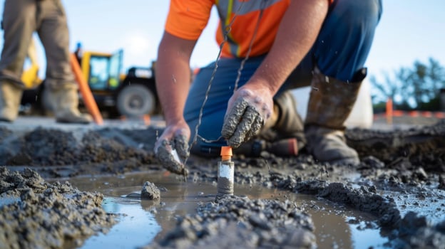 A closeup shot of a technician measuring the consistency of the concrete mix with a slump cone photo