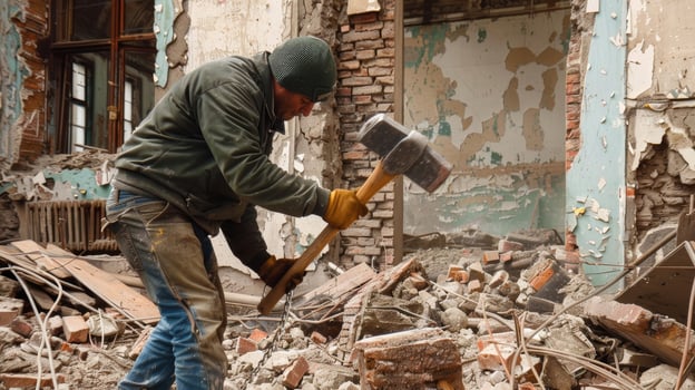A demolition worker using a sledgehammer to break apart the remaining structure of a derelict building photo