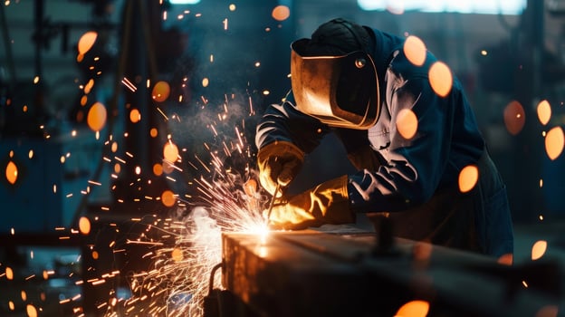 Sparks fly as a worker welds together two pieces of heavy machinery carefully ensuring a secure bond photo