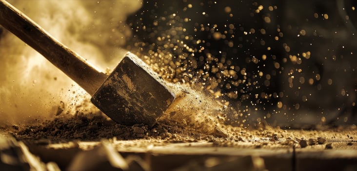 Dust flying as a brick hammer strikes a perfectly chiseled piece into position photo