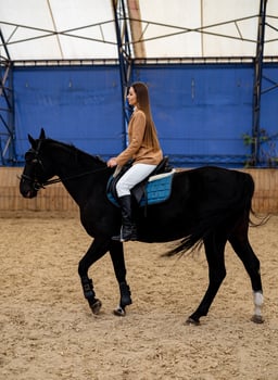 Horseback riding pretty young woman. Countryside ranch female rider. photo