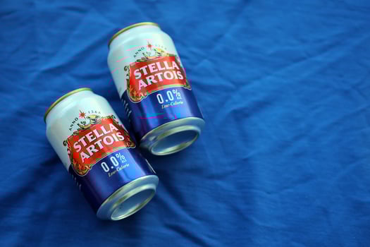 KYIV, UKRAINE - 4 MAY, 2023 Can of Stella Artois beer without alcohol and low in calories photo