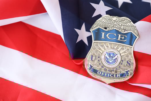 KYIV, UKRAINE - MARCH 9, 2024 US ICE Officer badge on United States of America flag photo