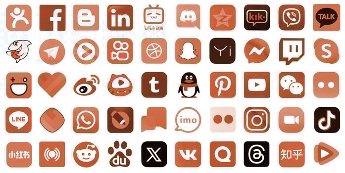 KYIV, UKRAINE - APRIL 1, 2024 Many icons of social media, messengers, sharing platforms photo