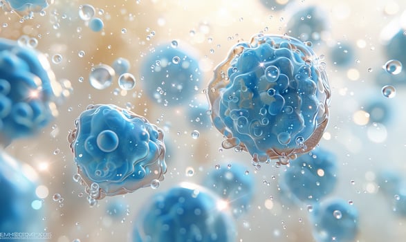 A Close-Up of Microscopic Medical Images Showing Viruses. Microorganisms Under Microscope in Blue Colors. Background with Microorganisms and Space for Text. photo