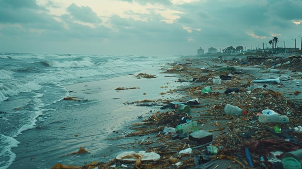 Plastic Waste on the Ocean Beach. Environmental Pollution. Plastic Debris on the Seashore Landscape. photo
