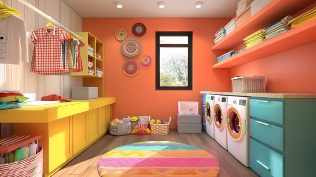 Colorful home laundry room with yellow cabinets and red walls. Bright and cheerful laundry space. Concept of domestic life, home organization, cheerful interiors. photo