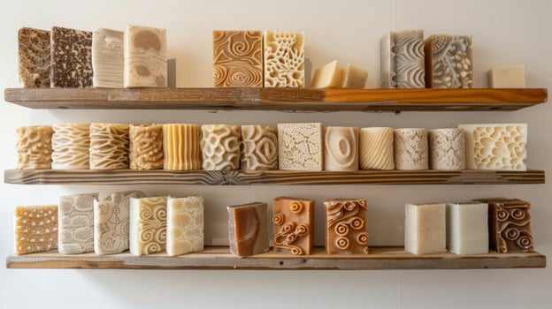 Exquisitely carved soaps displayed in boutique setting highlighting their detailed craftsmanship on natural wood shelves. Elegant soap designs. Concept of luxury skincare, personalized beauty products photo